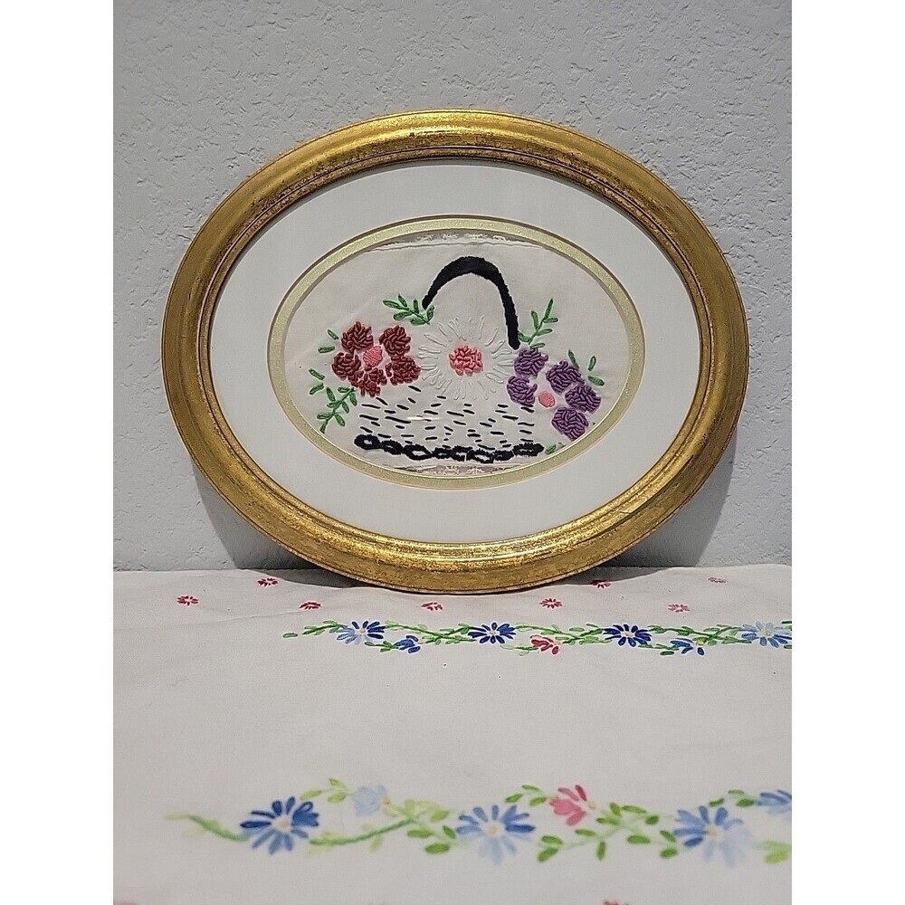 Vintage Oval Flowers In Basket Crewel Embroidery Linen Framed 11.5 wide by 9.5 t